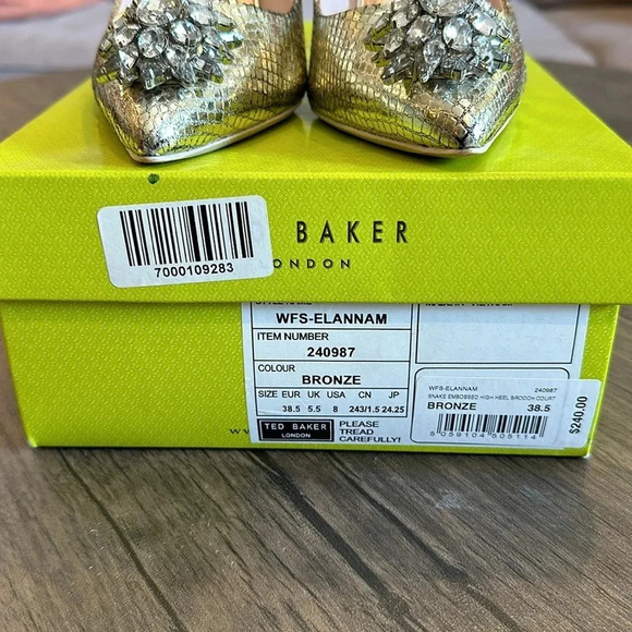 TED BAKER Elannam Snake Embrossed High Heel Brooch Shoe in Bronze Size 8 - Picture 10 of 10